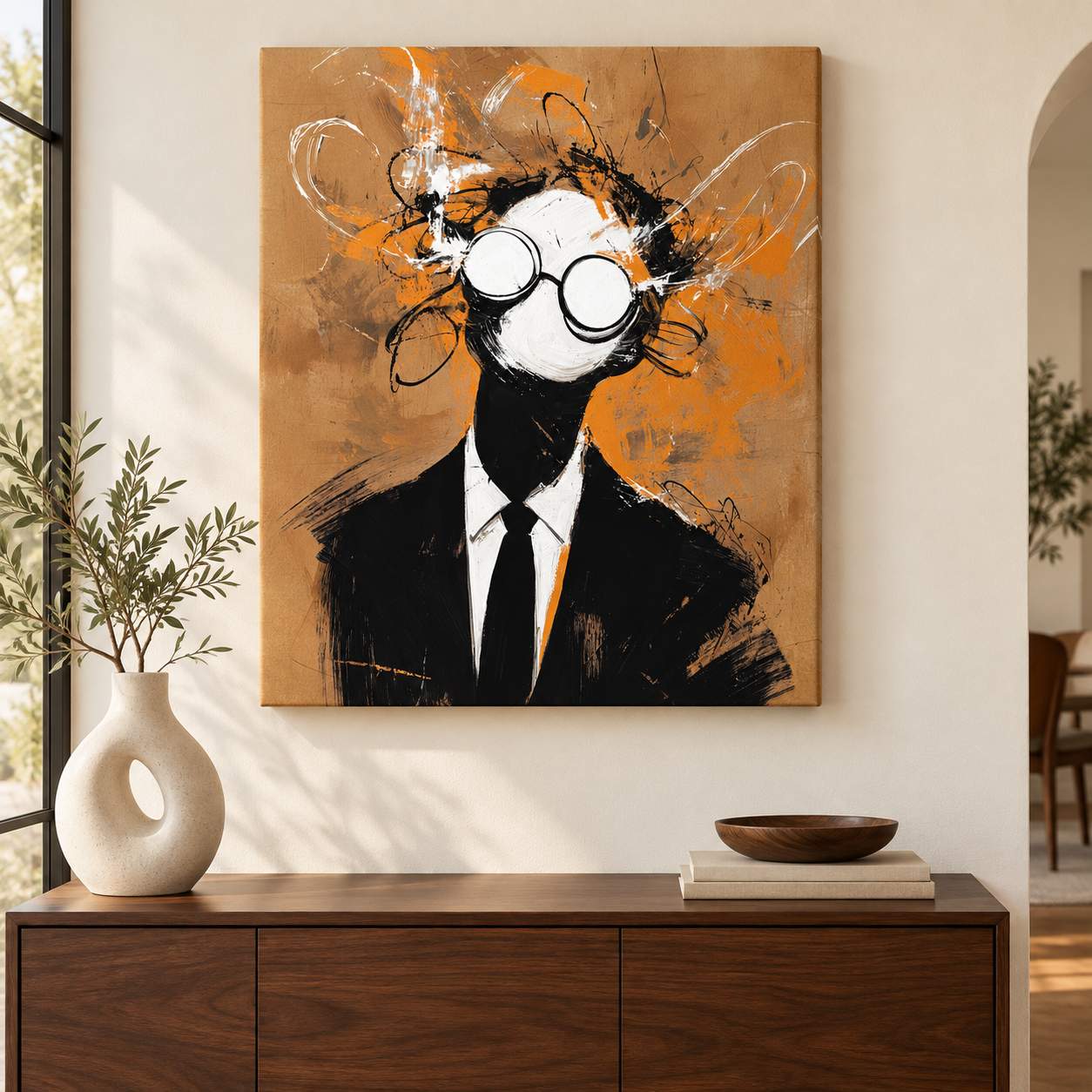 Canvas print of a faceless suited figure with round glasses and wild brushwork hair, displayed above a wooden console in a warm neutral entryway