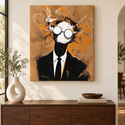 Canvas print of a faceless suited figure with round glasses and wild brushwork hair, displayed above a wooden console in a warm neutral entryway