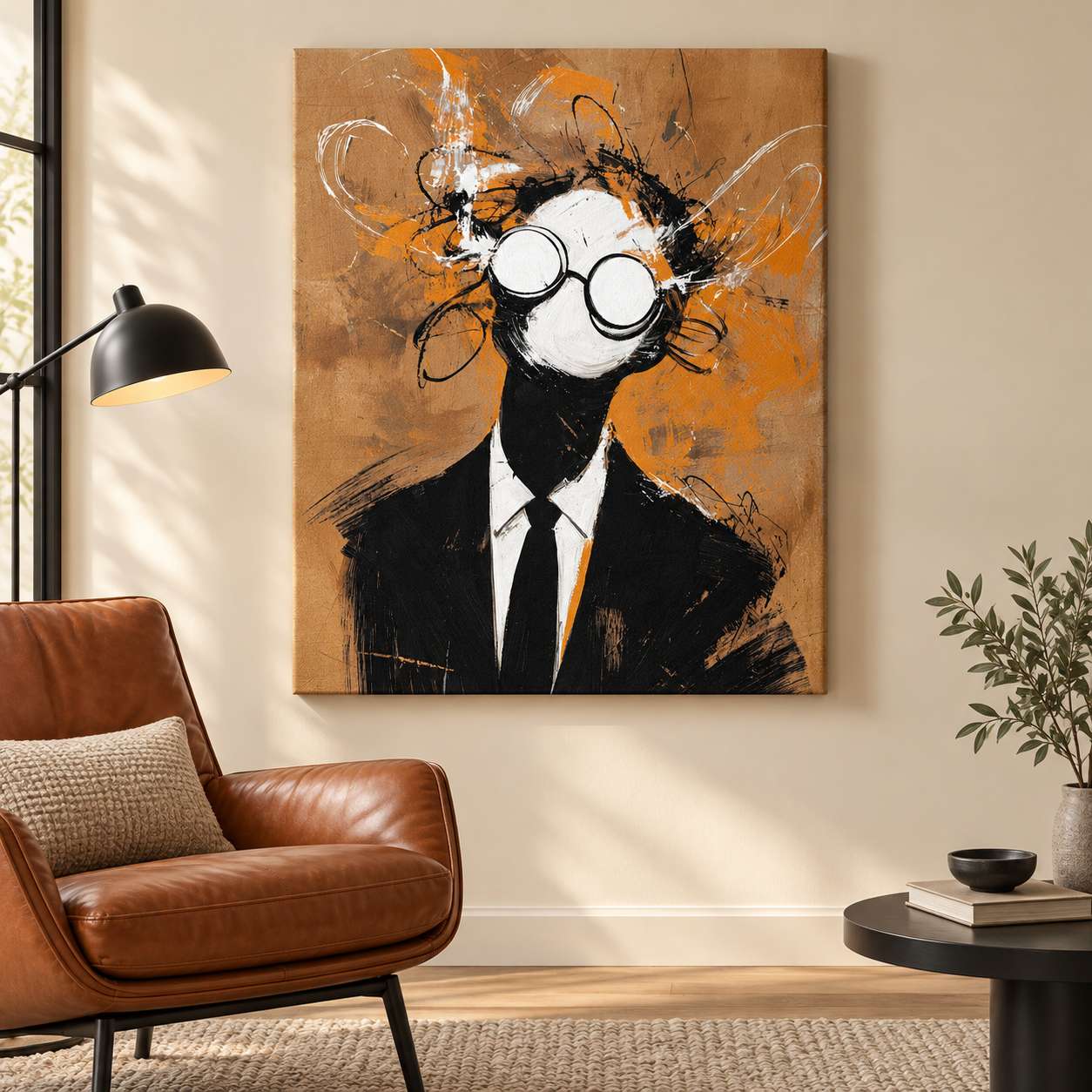 Canvas print of a faceless suited figure with round glasses and wild brushwork hair, displayed above a brown leather armchair in a living room