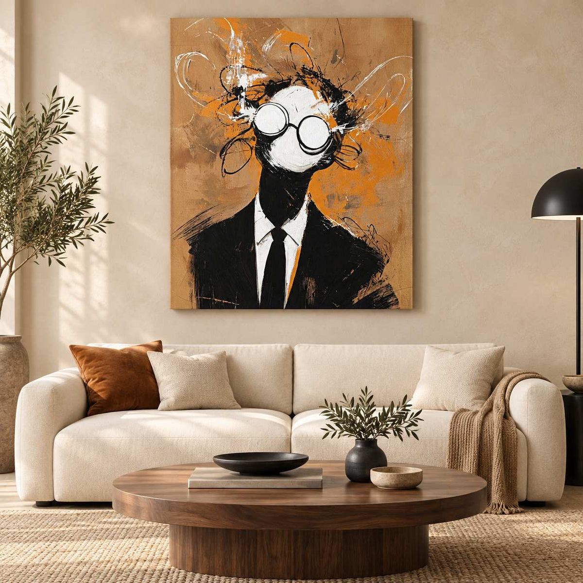 Canvas print of a faceless suited figure with round glasses and wild brushwork hair, displayed above a cream sofa and round wood coffee table
