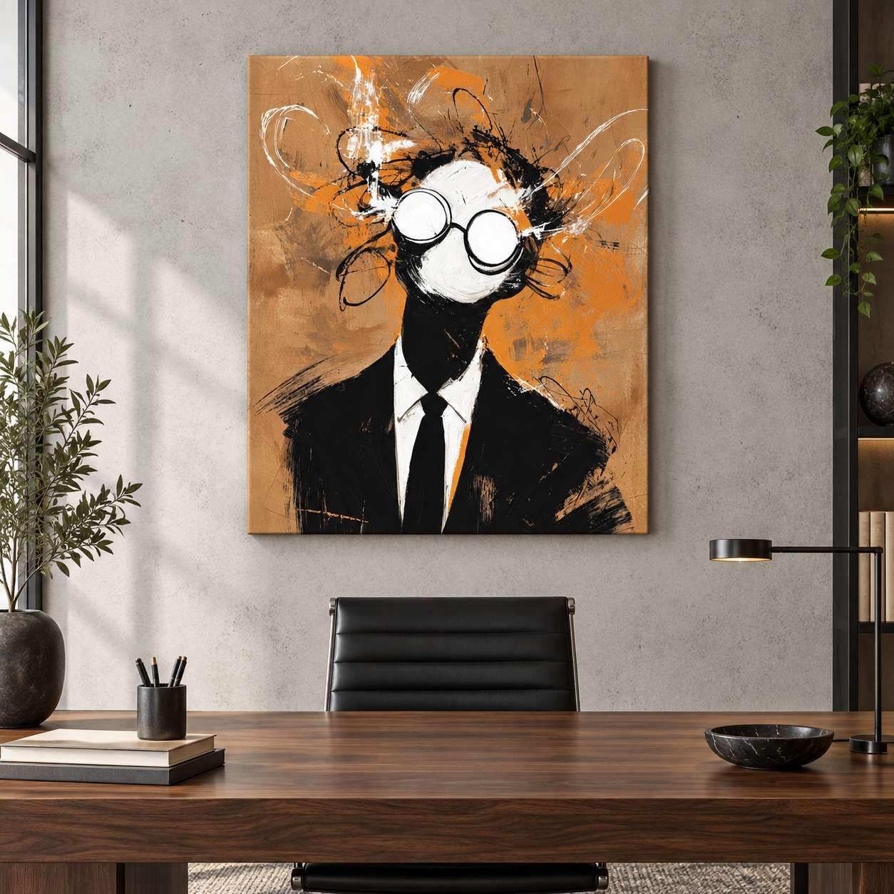 Canvas print of a faceless suited figure with round glasses and wild brushwork hair, displayed above a wooden desk in a home office