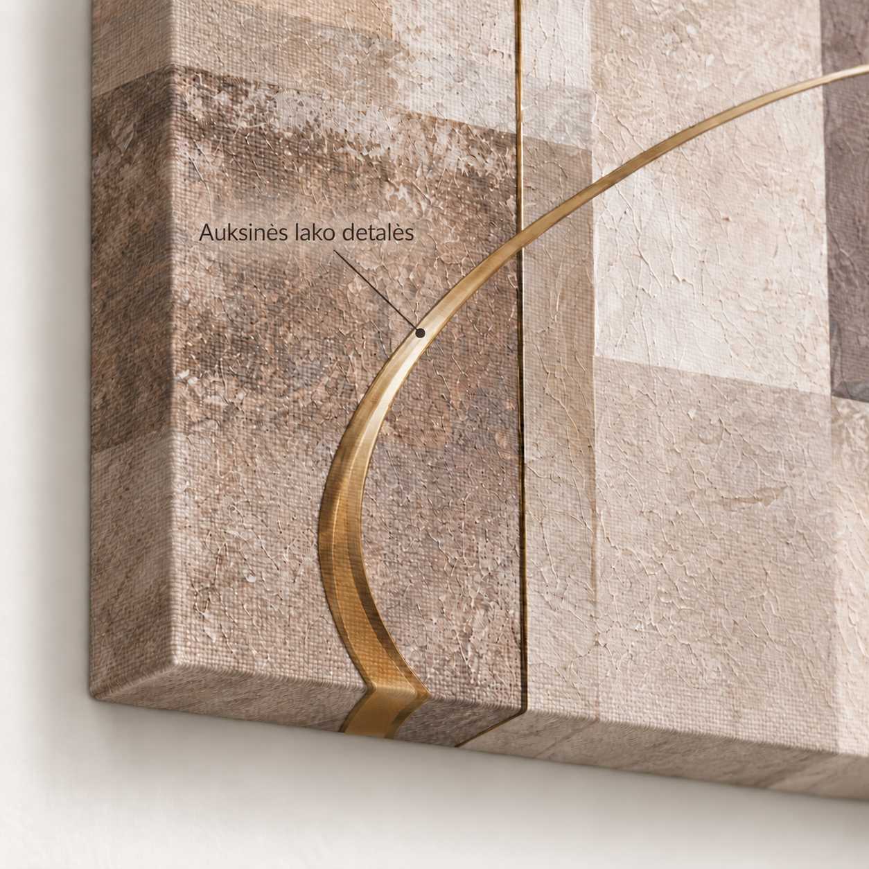 Close-up detail of the Neutral Squares canvas print showing the gold-toned glossy varnish accent line and textured canvas surface, labelled in Lithuanian as 'Auksinės lako detalės' (gold-toned varnish details)