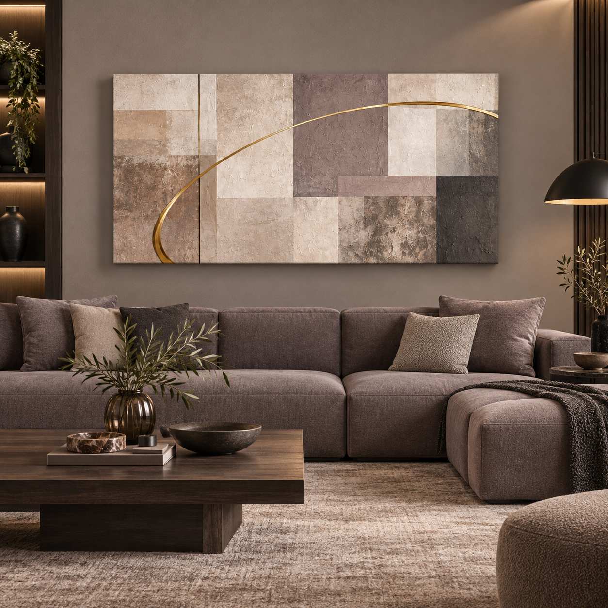 Neutral Squares canvas print with gold varnish accent displayed above a dark brown sectional sofa in a modern living room