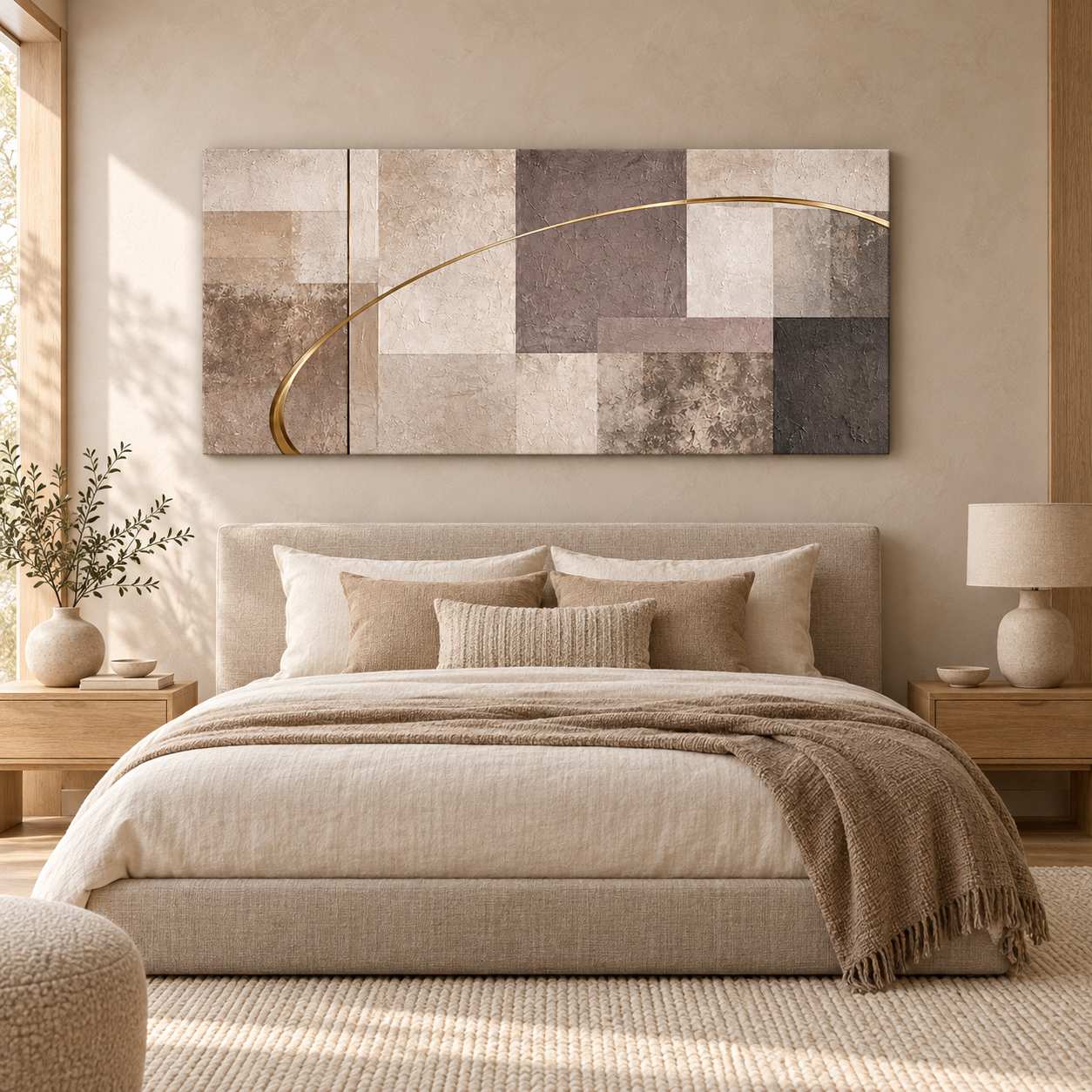 Neutral Squares canvas print with gold varnish accent hanging above a neutral-toned bed in a minimalist bedroom