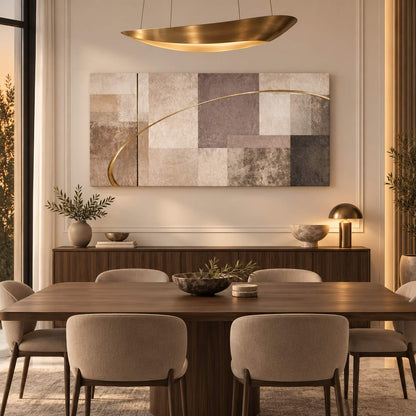 Neutral Squares canvas print with gold varnish accent displayed above a wooden sideboard in a warm-toned dining room