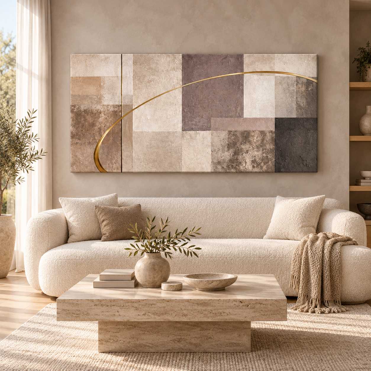 Neutral Squares canvas print with gold varnish accent hanging above a cream boucle sofa in a bright living room