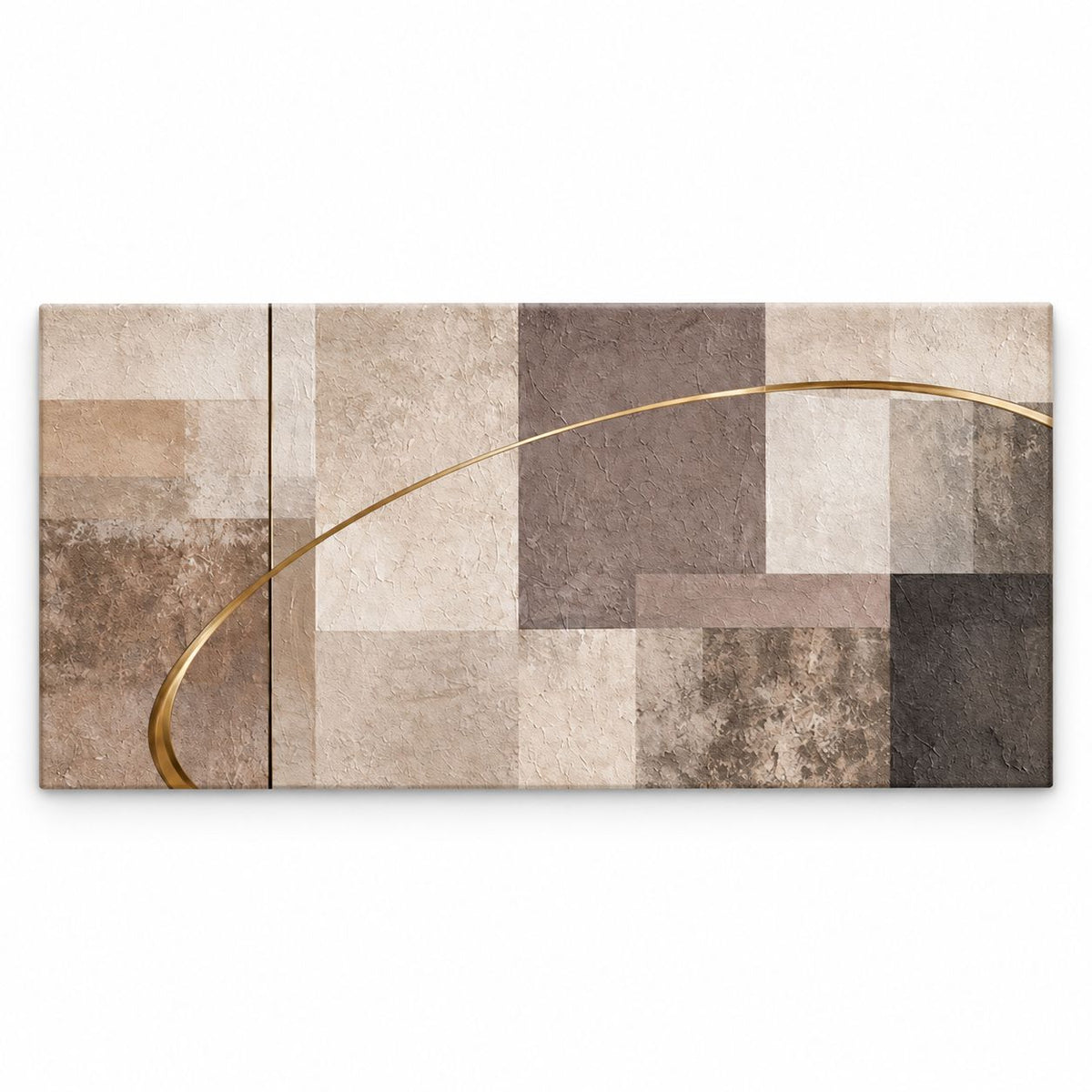 Neutral Squares horizontal abstract canvas print in warm beige, taupe and charcoal color-block segments with a gold-toned glossy varnish arc line accent, shown on a white background