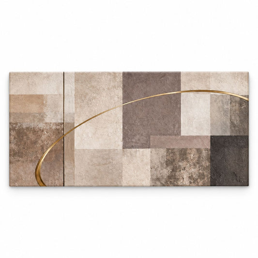 Neutral Squares horizontal abstract canvas print in warm beige, taupe and charcoal color-block segments with a gold-toned glossy varnish arc line accent, shown on a white background