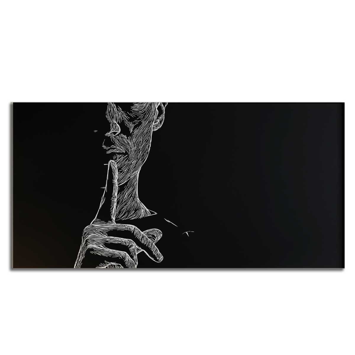 Black and white canvas artwork with lacquer effect – “Silence” portrait with a finger gesture.