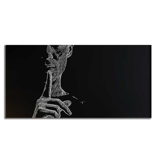 Black and white canvas artwork with lacquer effect – “Silence” portrait with a finger gesture.