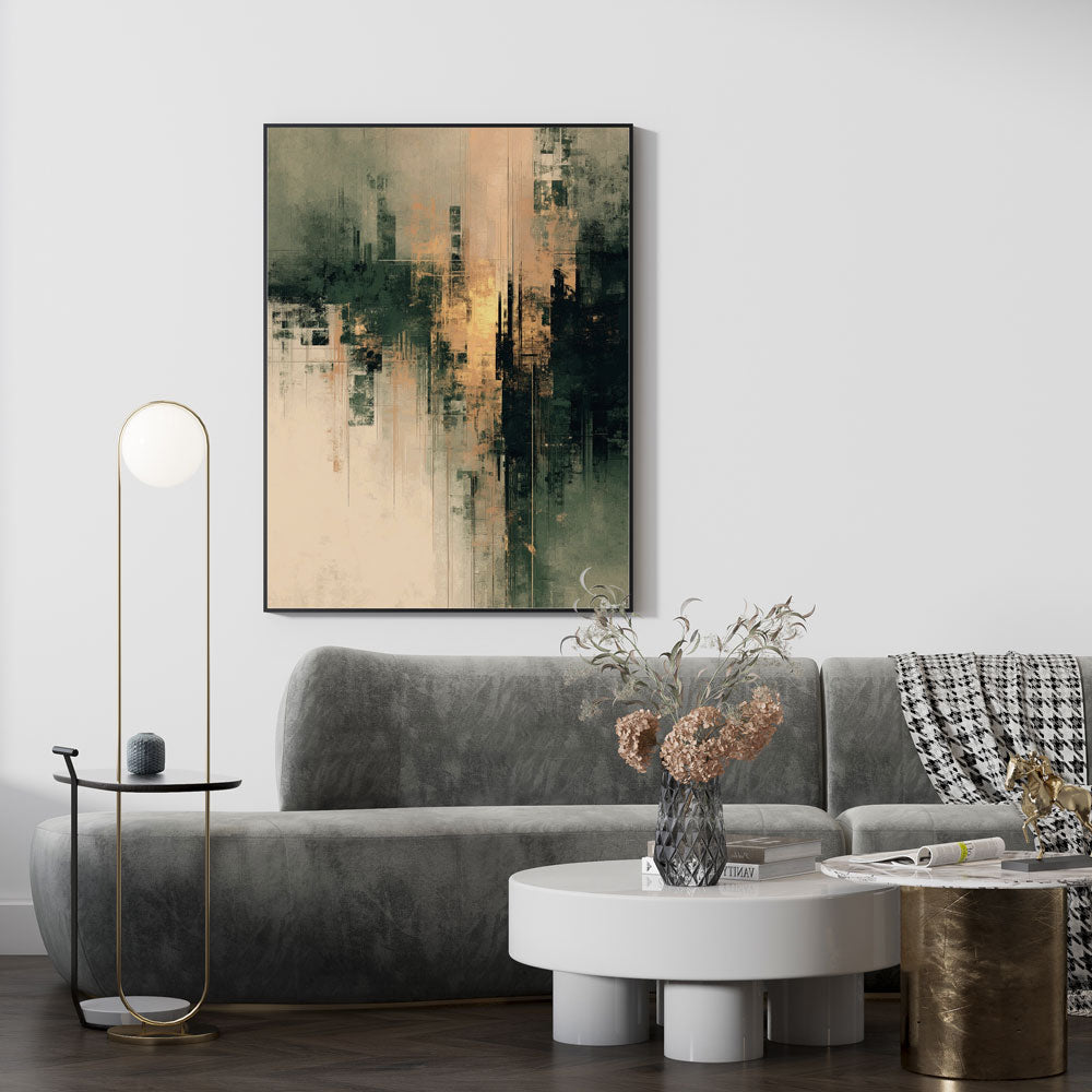 Vertical painting leaning against the wall near a plant