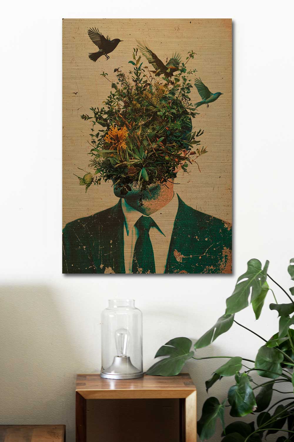 Surreal male portrait with head made of flowers and birds – modern wall art
