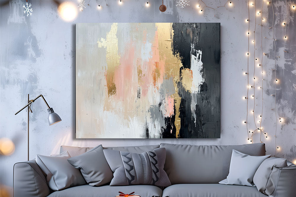 Living room interior with soft abstract painting and warm lighting