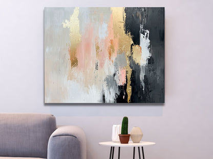 Canvas wall art with soft tones and gold accents above white table
