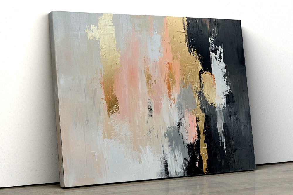 Side view of canvas painting featuring champagne gold and grey abstract textures