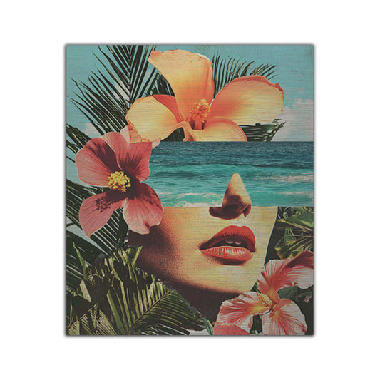 Tropical female portrait with ocean and flower collage – colorful modern wall art